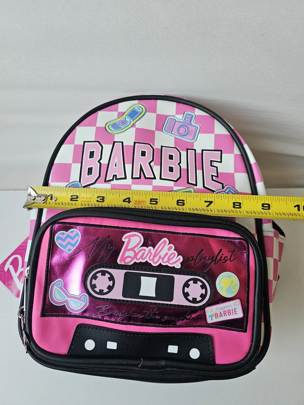 NWT Barbie Pink Checkered Retro Cassette Tape Mini Backpack